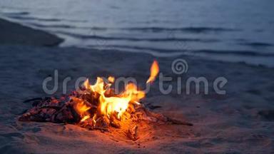 夏日的傍晚，海滩上熊熊燃烧的篝火。 <strong>本质</strong>上的篝火作为背景。 日落时在白沙海岸烧木头。